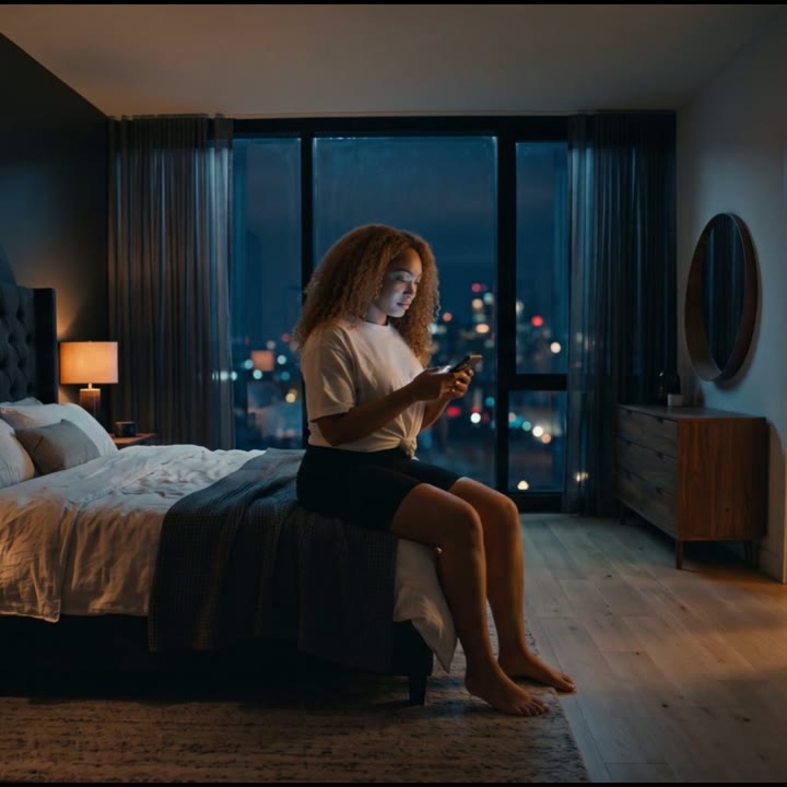 Wide: Imani on the bed with his phone