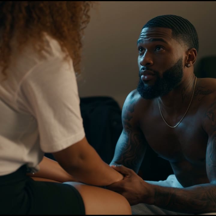 Over her shoulder: Dre crouches and takes her hands