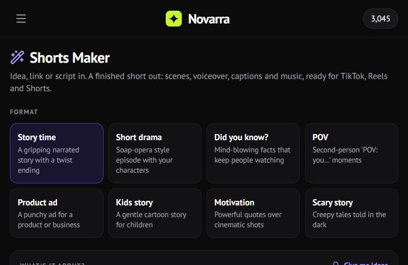 The Shorts Maker with eight formats to choose from
